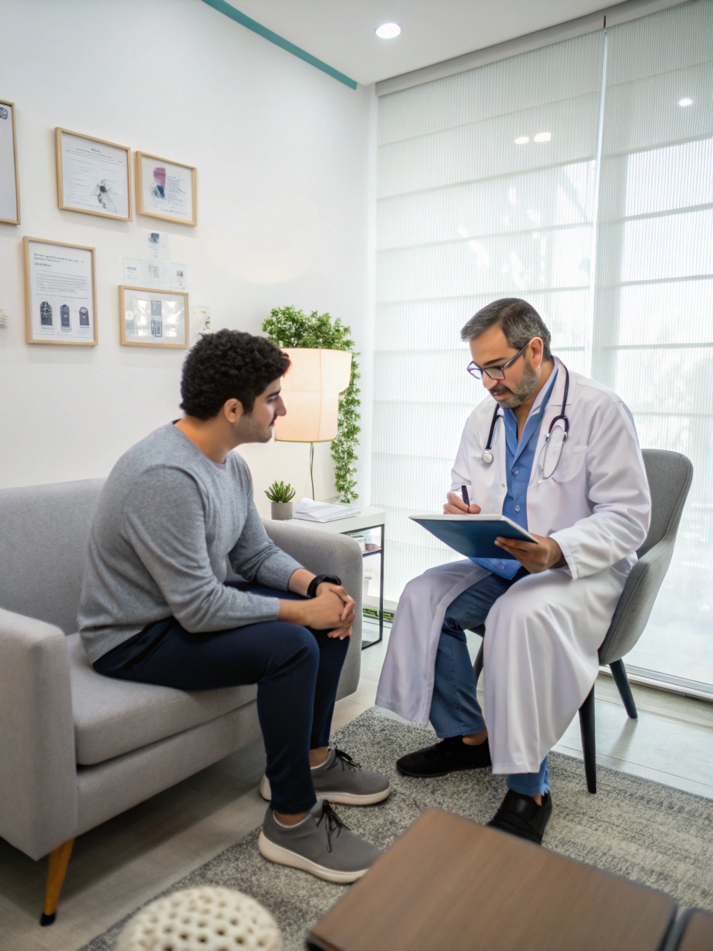Neurosurgeon sitting at eye-level with a patient in a warm clinical setting